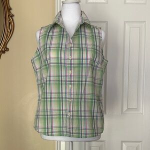 Basic Editions Women’s Plaid Sleeveless Button Down Top Collar Country Girl Farm